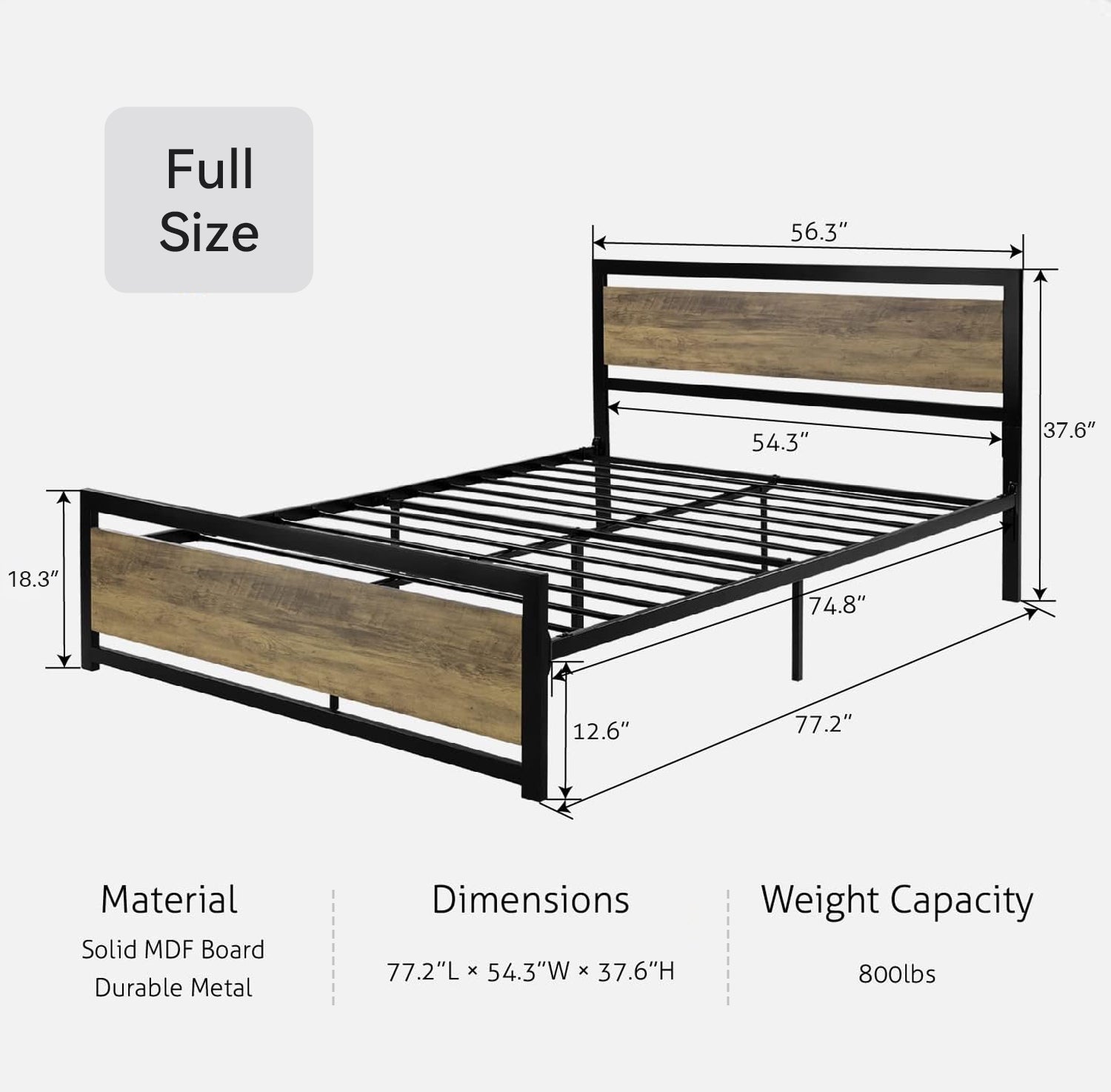 Bed Frame with Wooden Headboard & 13 Strong Metal Slats Supports Bed Frame Heavy Platform Metal