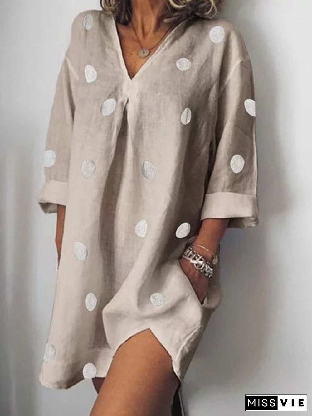 Cotton Linen Three Quarter Sleeve Shirt Collar Polka Dot Dress