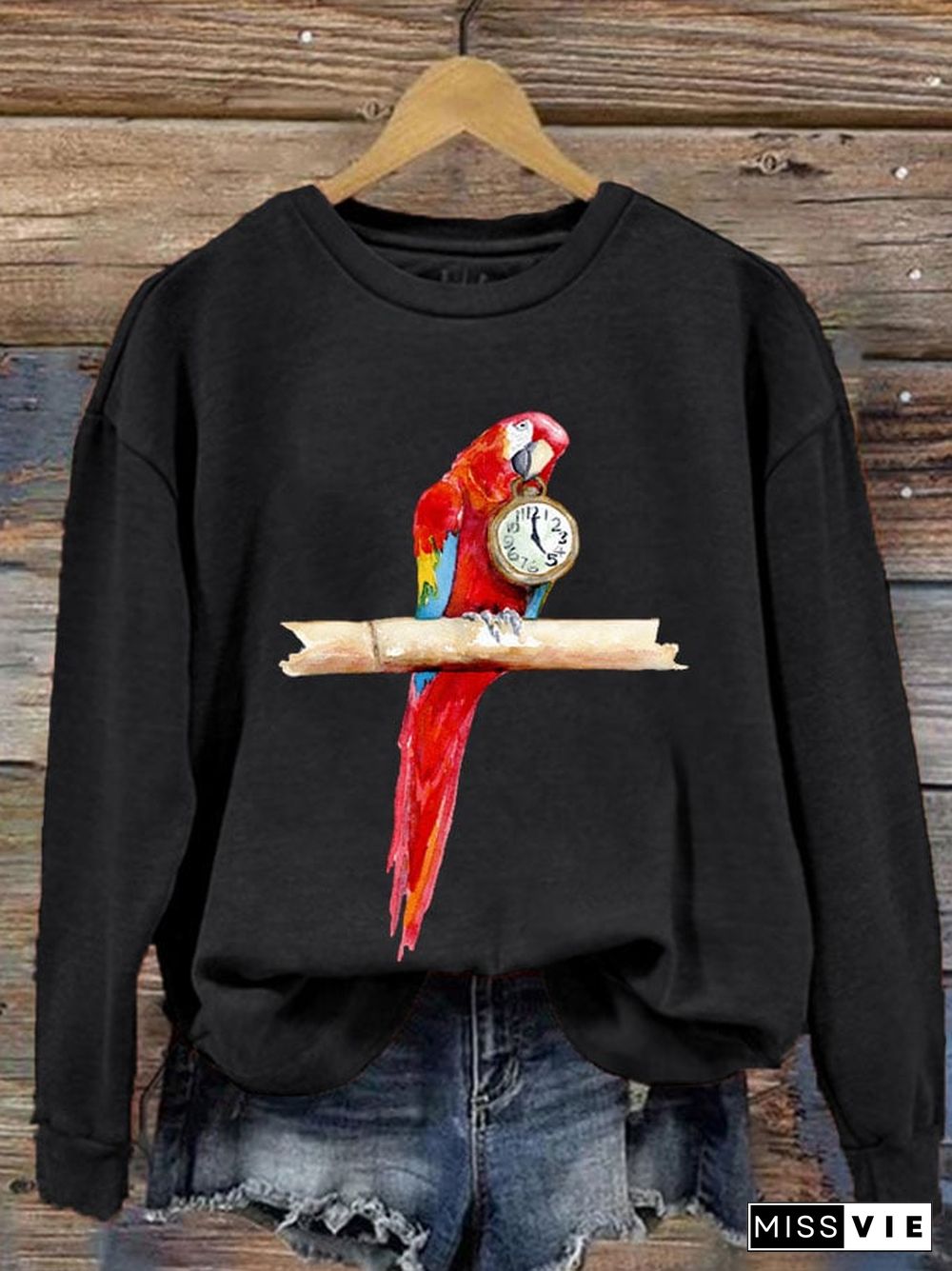 Women's Jimmy Watercolor Five O'Clock Parro Print Casual Sweatshirt