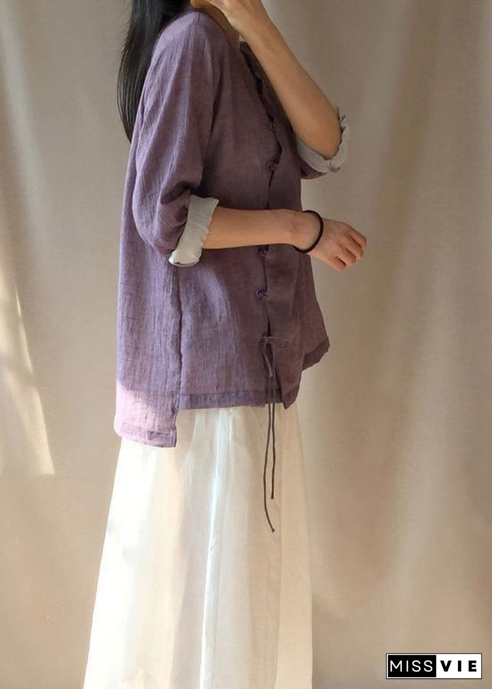 French Purple Tops Women Blouses Stand Collar Button Down Clothing Blouse