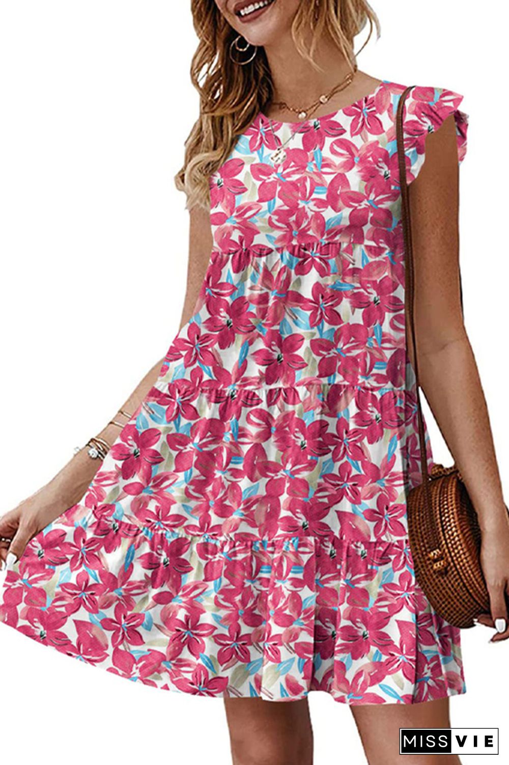 Flutter Sleeves Tiered Floral Dress