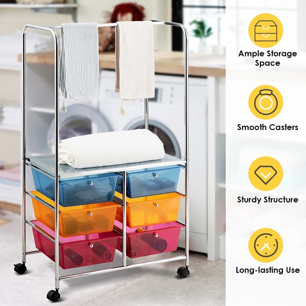 Costway 6 Drawer Rolling Storage Cart W hanging Bar Office School Organizer Yellow black white