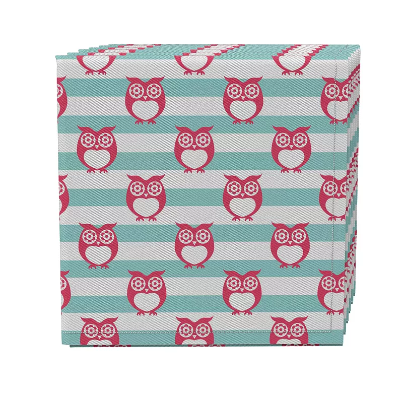 Napkin Set of 4， 100% Cotton， 20x20， Cartoon Owls in Stripes