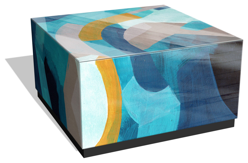 quotPuzzle Blues I quotReverse Printed Art Glass Cocktail Table with Black Plinth Base   Contemporary   Coffee Tables   by Empire Art Direct  Houzz