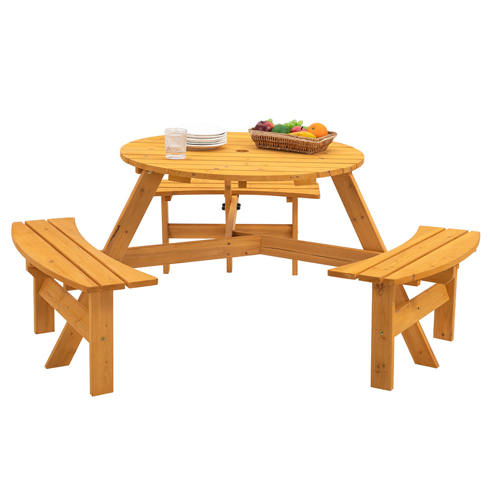 Kadyn 6-Person Outdoor Wooden Picnic Table， Circular Picnic Table Bench Set for Patio， Modern Picnic Table with 3 Built-in Benches， Natural