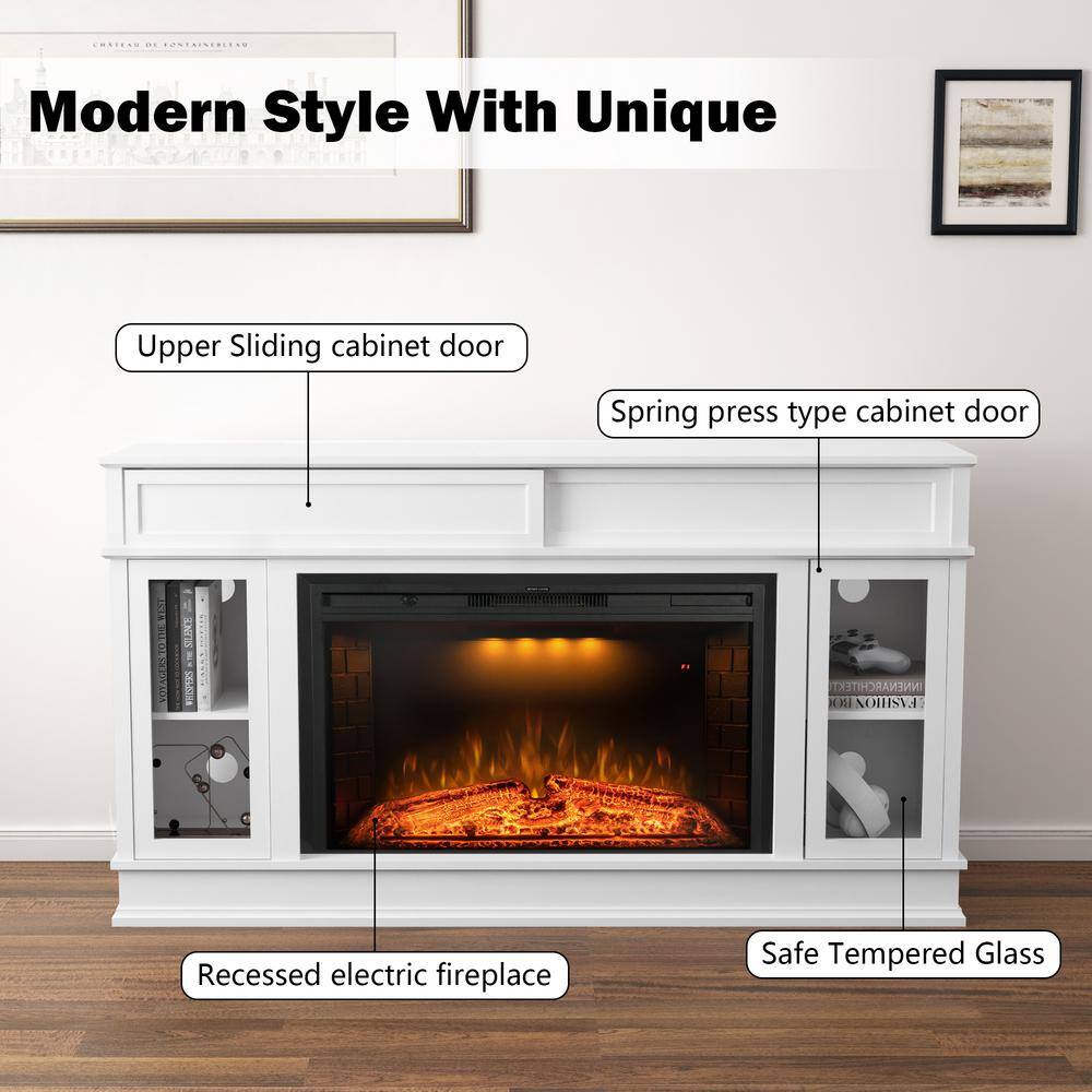 Prismaster ...keeps your home stylish 60 in. TV Stand for 65 in. TVs with Electric Fireplace Built-In Bookshelves Spring Pressed Glass Door White M09BL33WTPR04