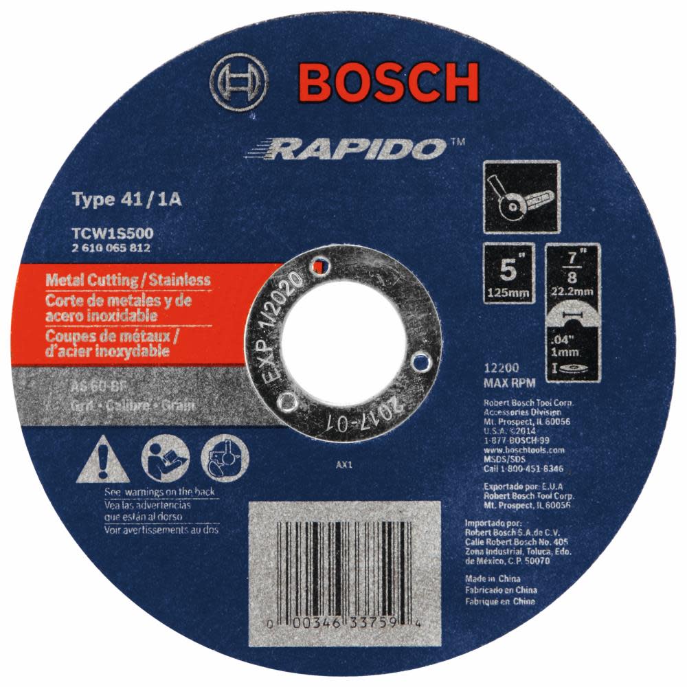 Bosch 5 In. .040 In. 7/8 In. Arbor Type 1A (ISO 41) 60 Grit Rapido Fast Metal/Stainless Cutting Abrasive Wheel TCW1S500 from Bosch