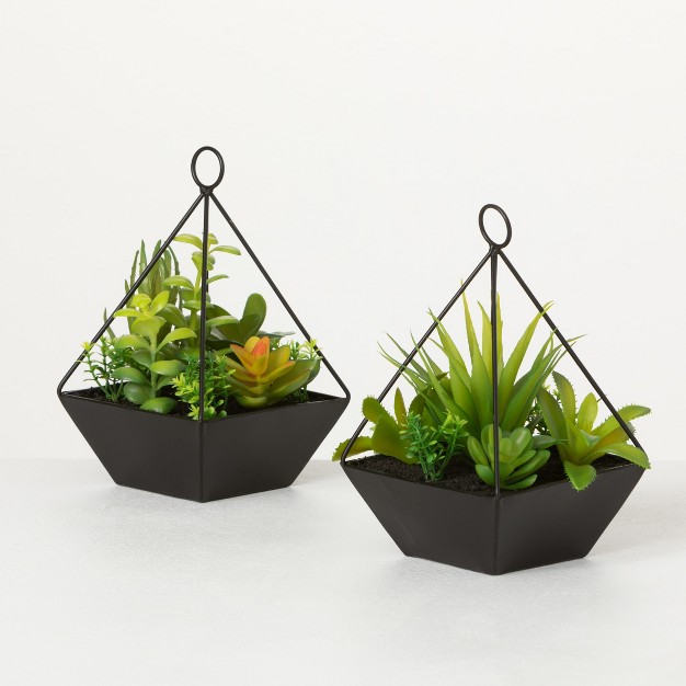 Sullivans Artificial Succulents In Pyramid Planters Set Of 2 9 quot h Green