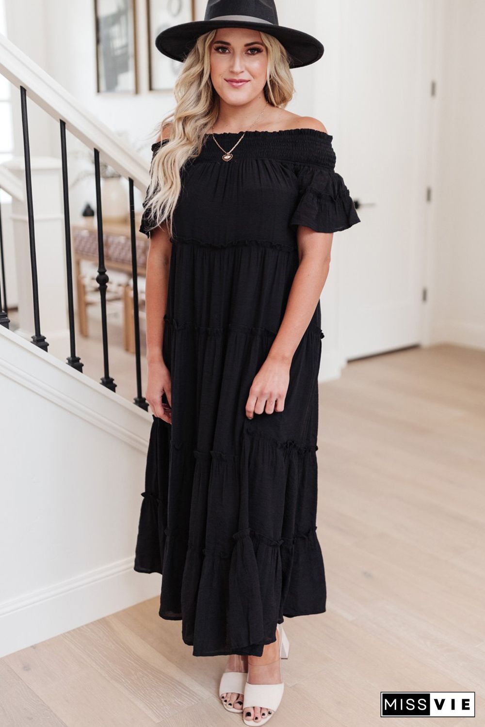 Black Plus Size Smocked Off Shoulder Frill Tiered Maxi Dress