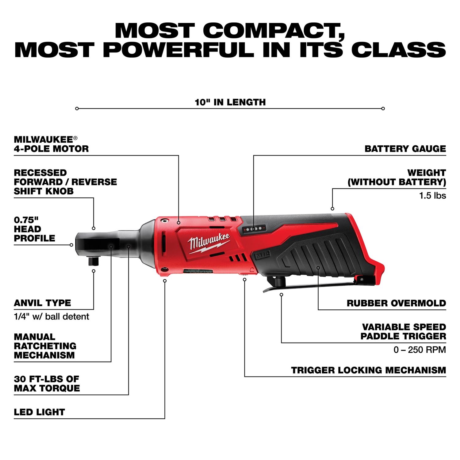 MW M12 12 V 1/4 in. Brushed Cordless Ratchet Tool Only