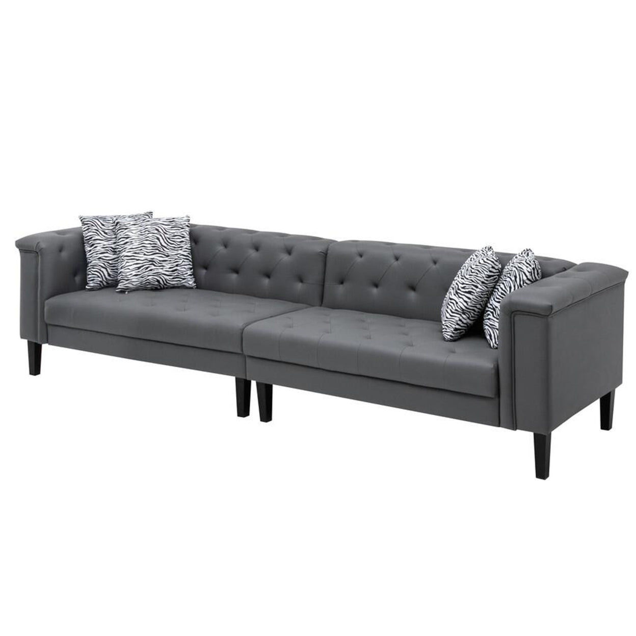 Ella 120 In. 4 Seater Sofa, Deep Button Tufted, Gray Vegan Faux Leather- Saltoro Sherpi