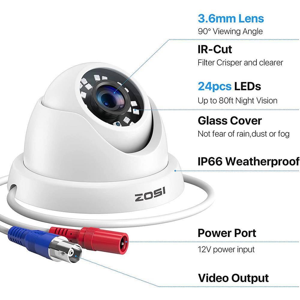 ZOSI Wired 1080p White Indoor Dome TVI Security Camera Compatible for TVI DVRs 4AK-4282B-WS-US