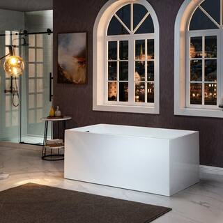 WOODBRIDGE Ahri 59 in. Acrylic Flatbottom Rectangle Bathtub with Matte Black Overflow and Drain Included in White HBT5897