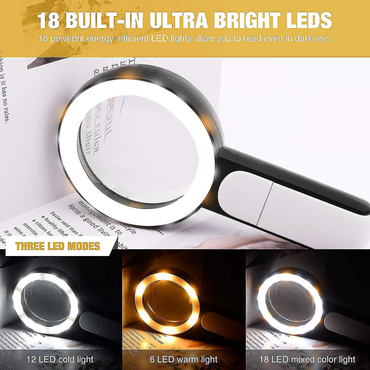 Magnifying Glass With Light， 30x Handheld Large Magnifying Glass 18led Cold And Warm Light With 3 Modes， Illuminated Lighted Magnifier For Seniors Rea