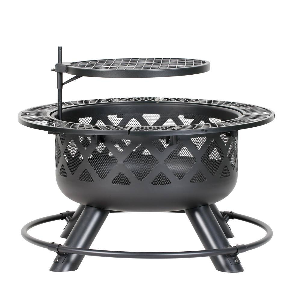 HeatMaxx Outdoor Wood Burning Fire Pit Backyard with Cooking Grill 32 in. Black Mini Ranch Fire Pit SRFP9624