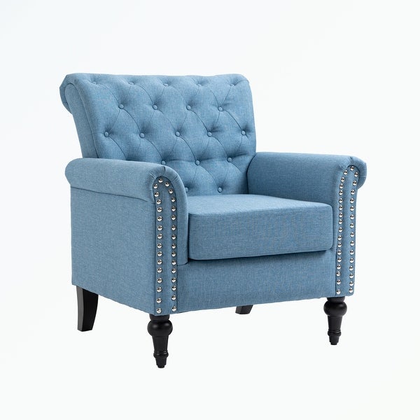 Linen Armchair with Tufted Back and Wood Legs