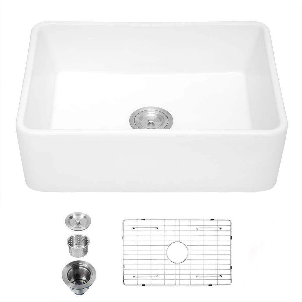 EPOWP 30 in. Farmhouse Apron Single Bowl White Fireclay Workstation Kitchen Sink without Faucet LX-JY285R