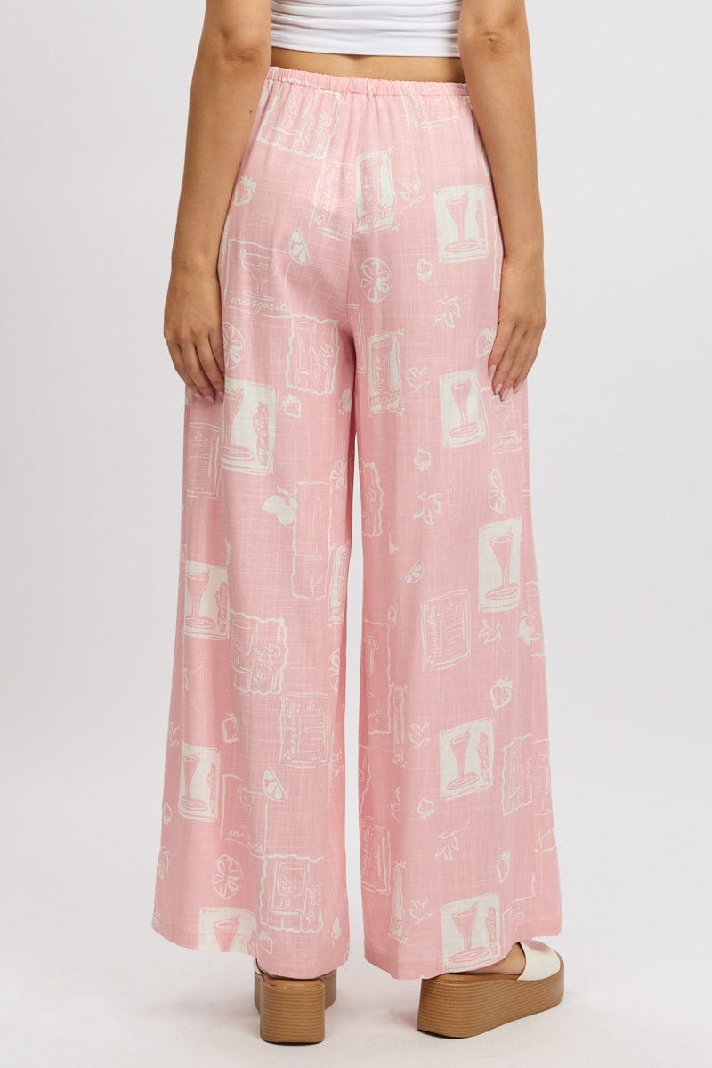 Pink Abstract Wide Leg Pants High Rise