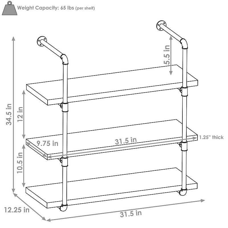 Sunnydaze 3-tier Industrial Bookshelf With Black Pipe Frame