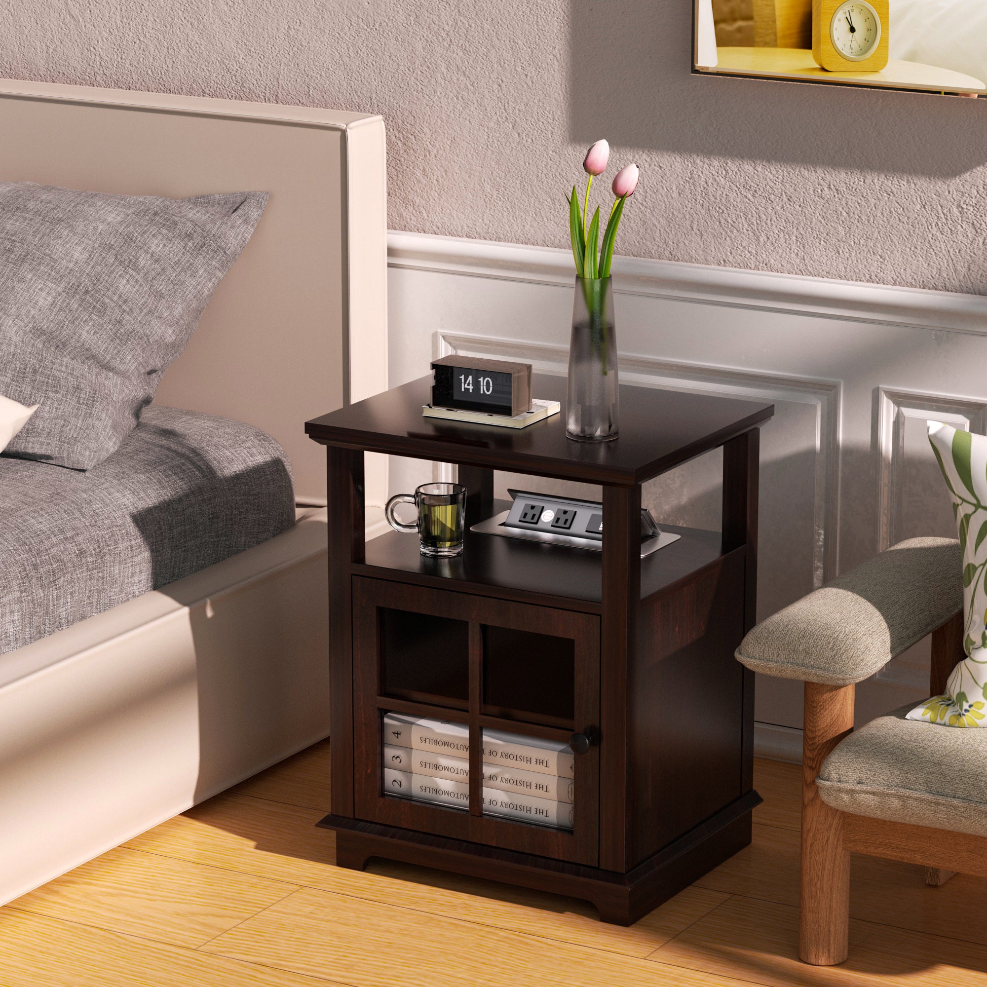 FAGAGA Nightstand with Wireless Charging Station and Storage,Accent End Table with USB Ports and Power Outlets Storage Side Table for Bedroom,Espresso