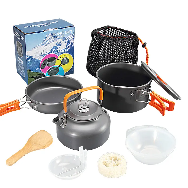 Outdoor DS 308 Pot Set Combination Alumina Portable Camping Pans With Accessories Mesh Set Bag For Backpacking  Hiking  Picnic