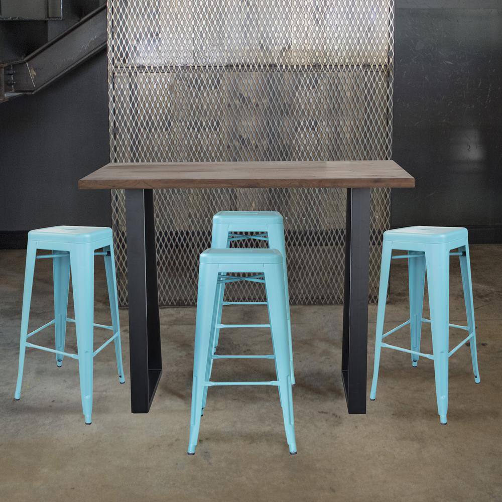 AmeriHome Teal Acacia Wood Top Bar Height Pub Set with Teal Bar Stools (Set of 5) AWBTTL4