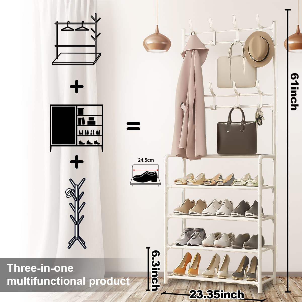 4-Tier Freestanding Coat Rack 3 in 1 Entryway Coat Rack with Shelf Modern Storage Rack with 8 Double Hooks For Bathroom Bedroom Living Room and Small Space， White