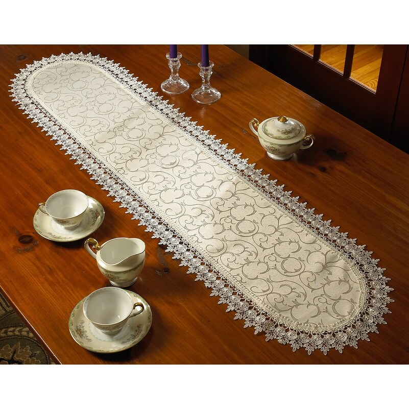 Violet Linen Flower Bow Embroidered Lace Vintage Pattern Table Runner