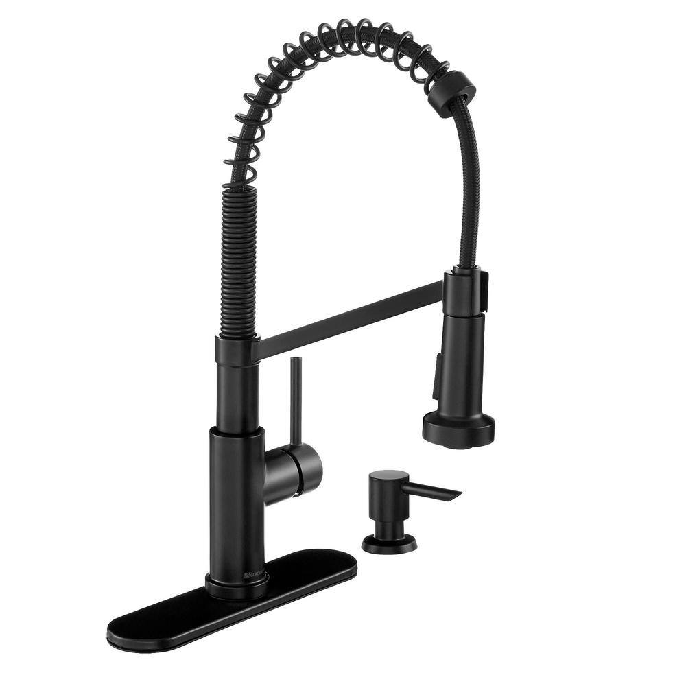 Glacier Bay Gage Single-Handle Spring Neck Pull-Down Sprayer Kitchen Faucet with Soap Dispenser in Matte Black HD67458-1410H