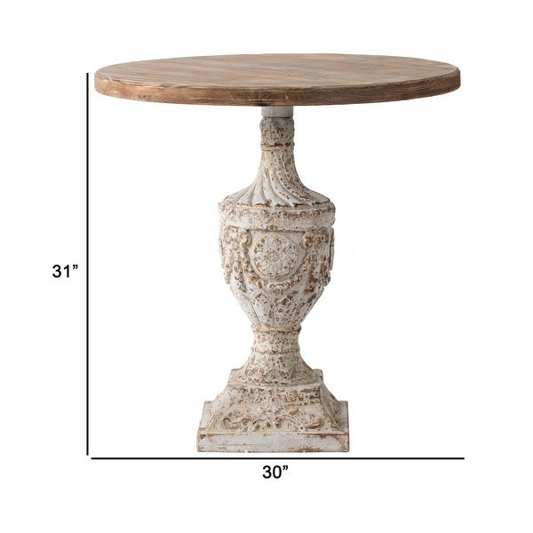 31 Inch Round Accent Side Table， Fir Wood， Engraved， Brown， Antique White