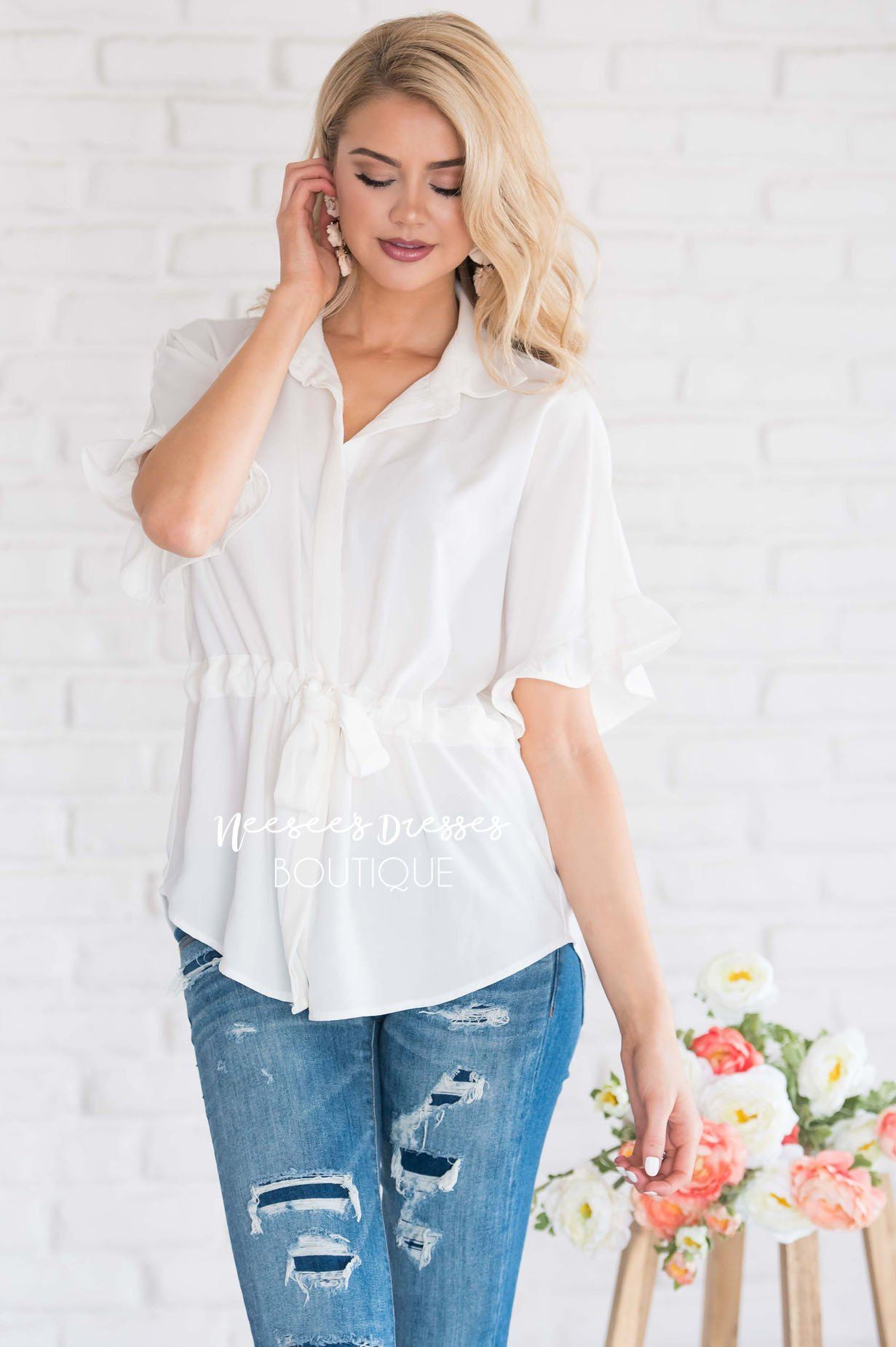 Button Up Cinched Waist Blouse