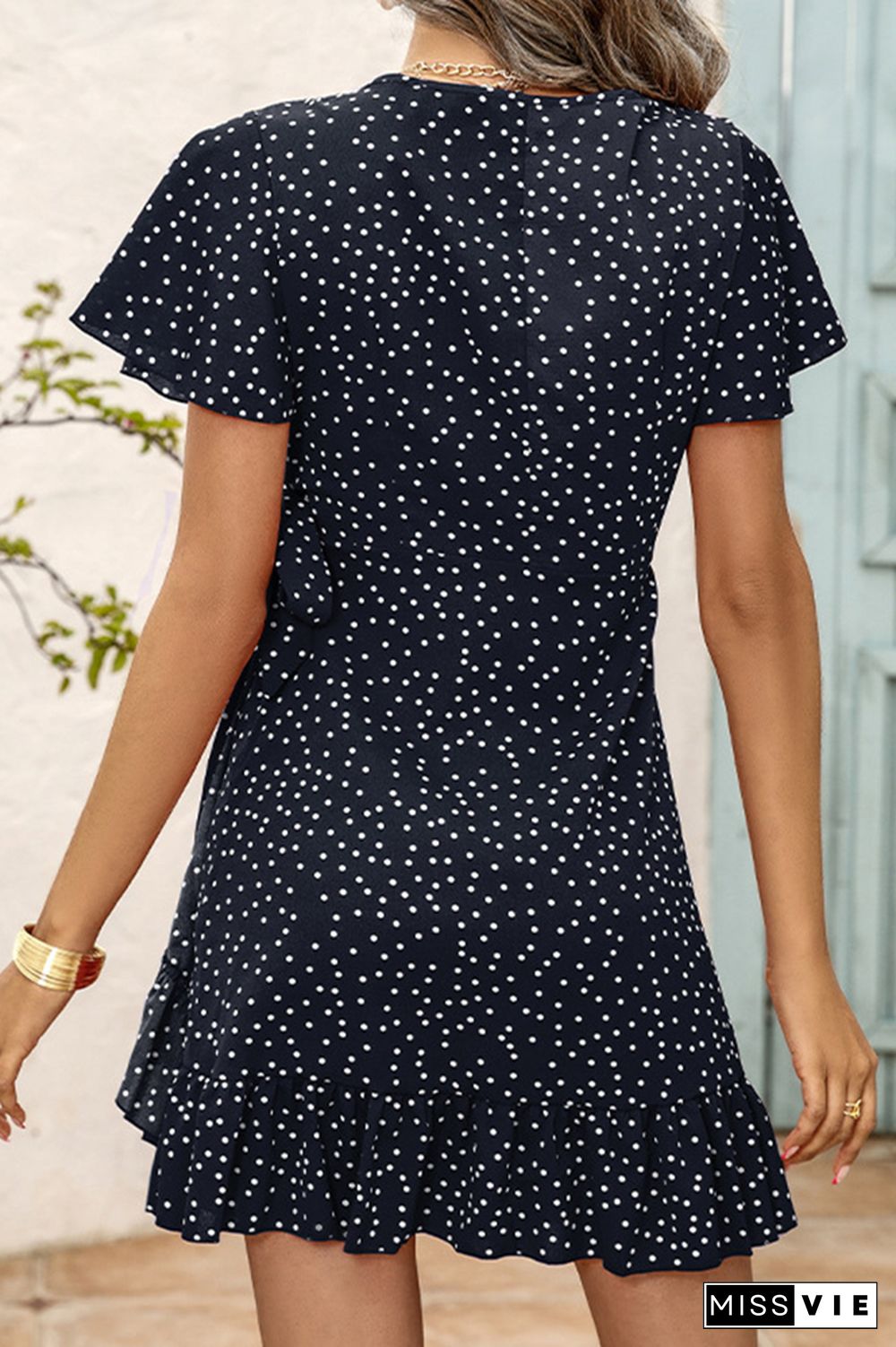 Polka Dot Print V Neck Short Dress Wholesale