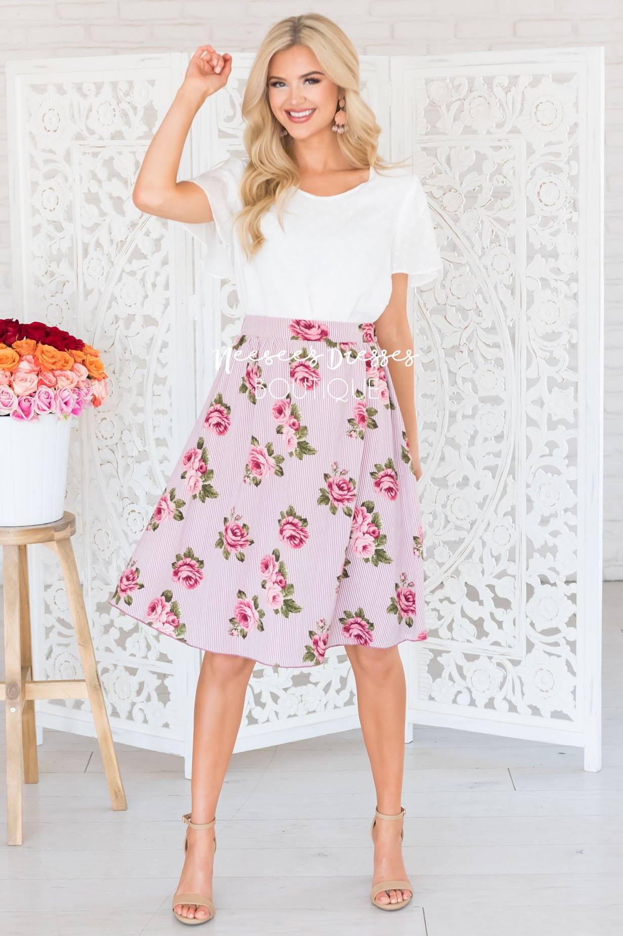 Pretty Pink Striped Floral Skirt