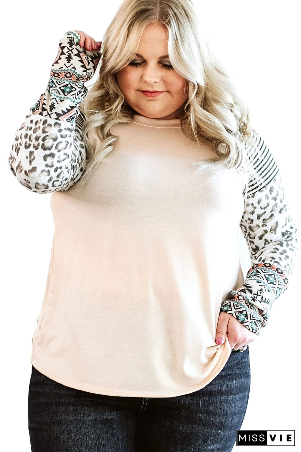 Apricot Plus Size Contrast Long Sleeve Top