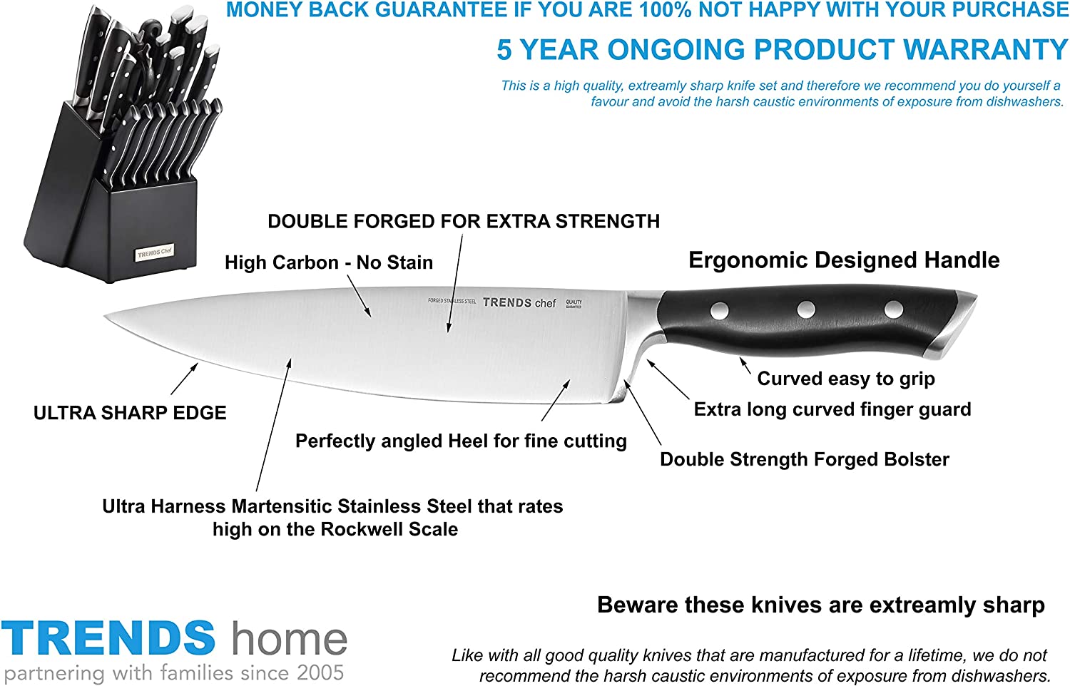 TRENDS Chef 19 Pc Premium German Steel #1.4116 Kitchen Knife Block Set. Triple Rivet， This set of Knives is a super sharp knife set for the kitchen， 16 Knives， Sharpener， Block， and kitchen shears.