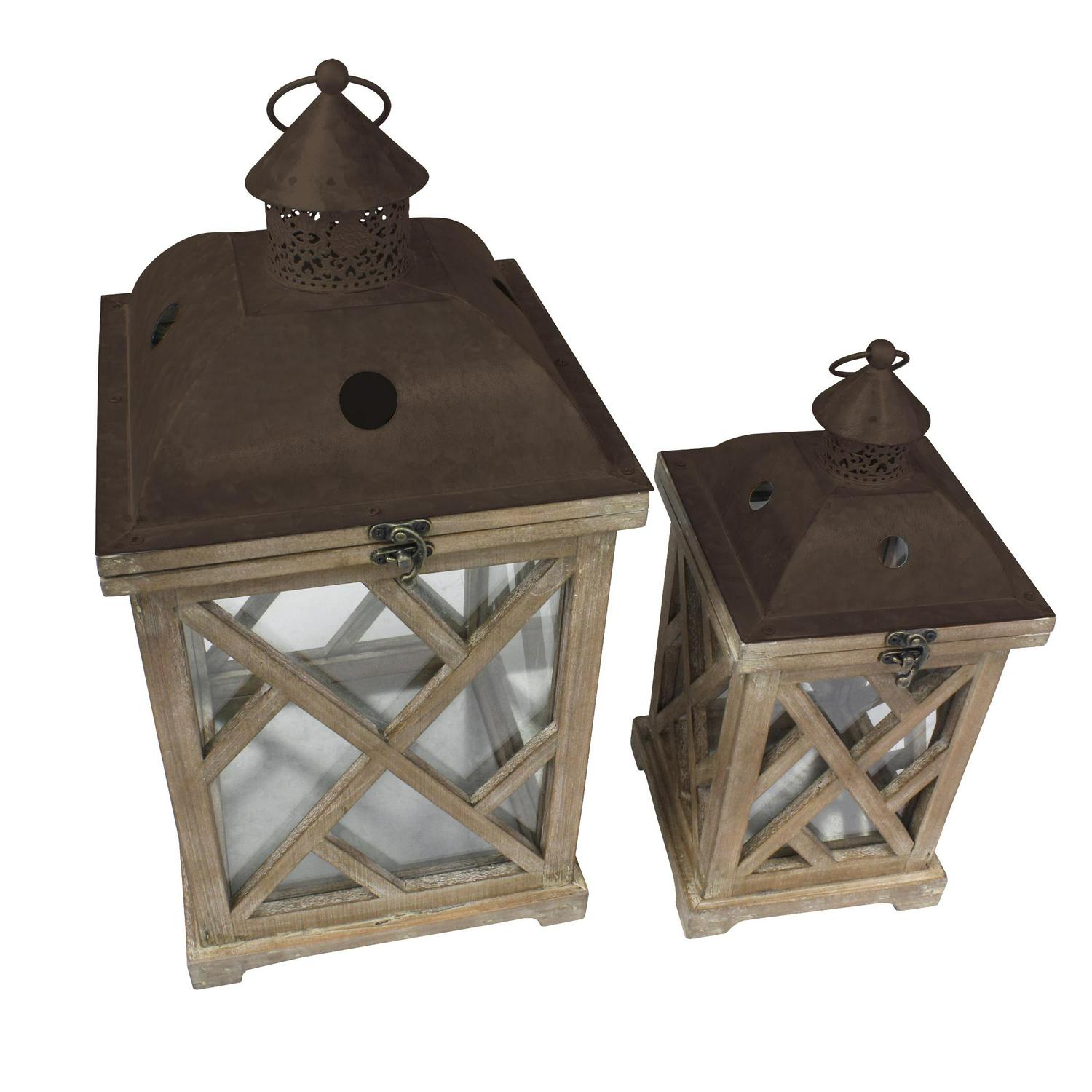 Stonebriar Collection Natural Wood Outdoor Candle Holder Set， (Set of 2)