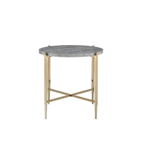 End Table with Oval Marble Top and X Shaped Support， Gray and Gold