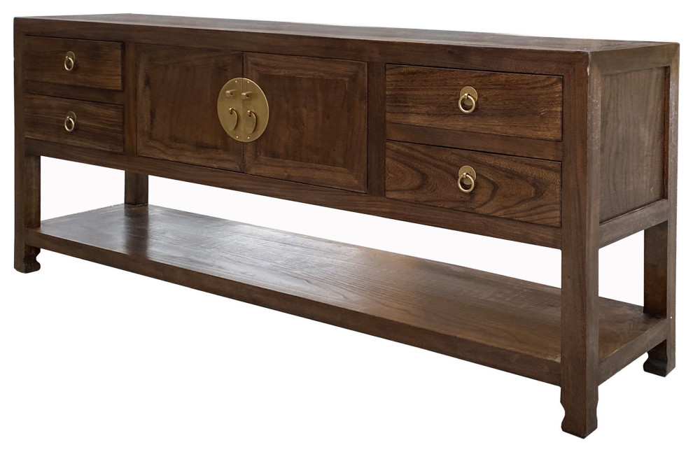 Chinese Oriental Brown Stain Low TV Console Moon Face Table Cabinet Hcs7572   Asian   Entertainment Centers And Tv Stands   by Golden Lotus Antiques  Houzz