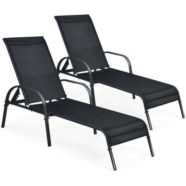 2PCS Outdoor Adjustable Reclining Armrest Chaise Fabric Lounge Chair