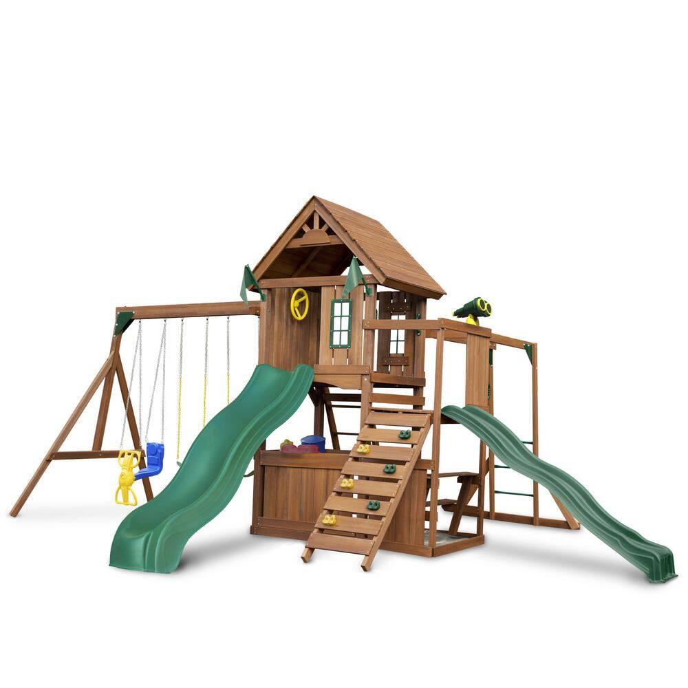 Swing-N-Slide Playsets Super KnightsBridge Complete Wooden Outdoor Playset with Slides Monkey Bars Swings and Swing Set Accessories WS 8354