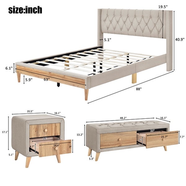 4-Pieces Bedroom Sets Queen Size Upholstered Platform Bed with Two Nightstands and Storage Bench - - 37551476