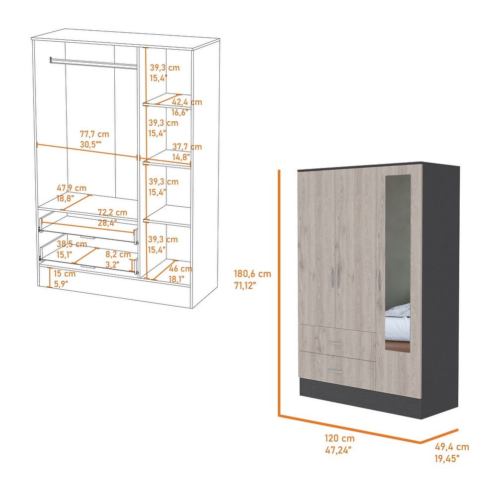 Black Rock 2 Drawer Small Armoire with Mirror Door Black Wengue and Light Gray