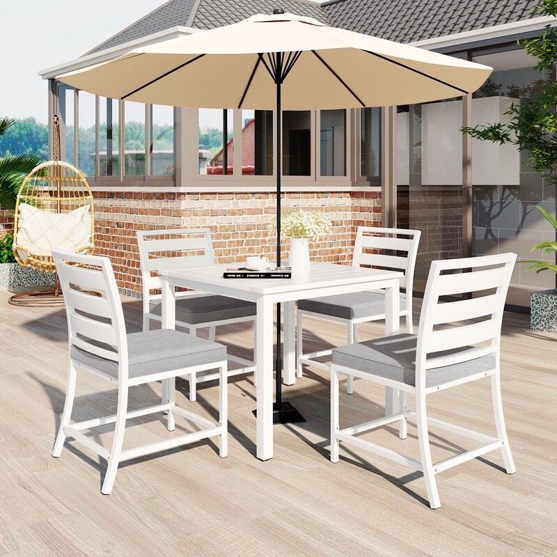 5 Piece Outdoor Dining Table Set for 4  Wood Top Dining Table with Umbrella Hole   4 Cushioned Chairs for Patio  Deck  Porch