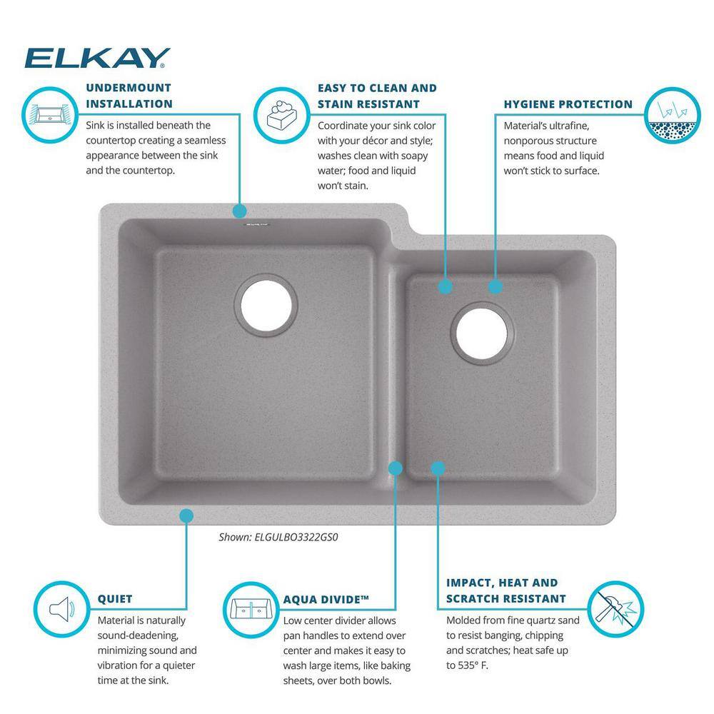 Elkay Quartz Classic Greystone Quartz 33 in. 6040 Double Bowl Undermount Kitchen Sink with Aqua Divide ELGULBO3322GS0