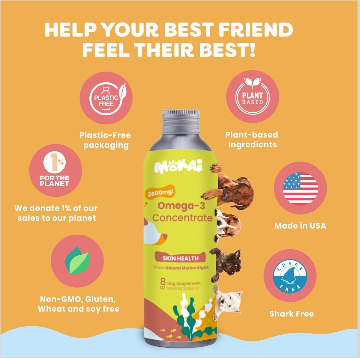 Mokai Algae Oil Omega-3 Concentrate Dog Supplement， 8-oz bottle