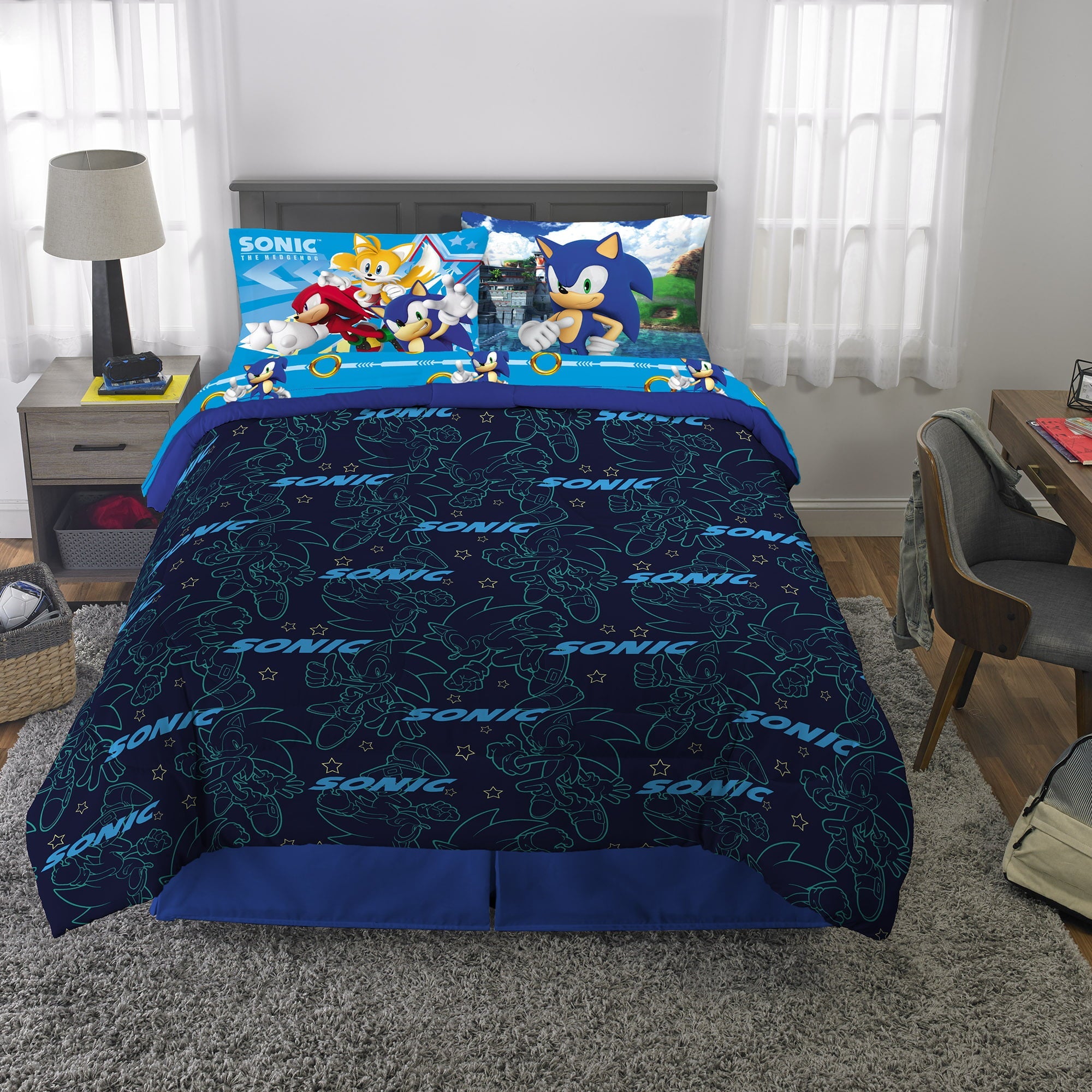 Sonic the Hedgehog Kids Full Bed in a Bag, Gaming Bedding, Comforter and Sheets, Blue, Sega