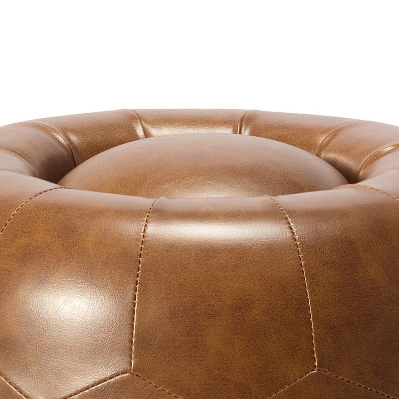 17 Inch Wood Round Ottoman， Honeycomb Design， Modern Brown Faux Leather