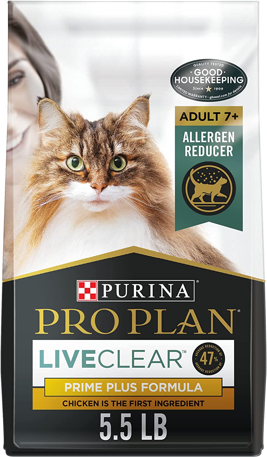 Purina Pro Plan Allergen Reducing Senior Dry Cat Food LIVECLEAR Adult 7+ Prime Plus Chicken and Rice Formula 5.5 lb. Bag