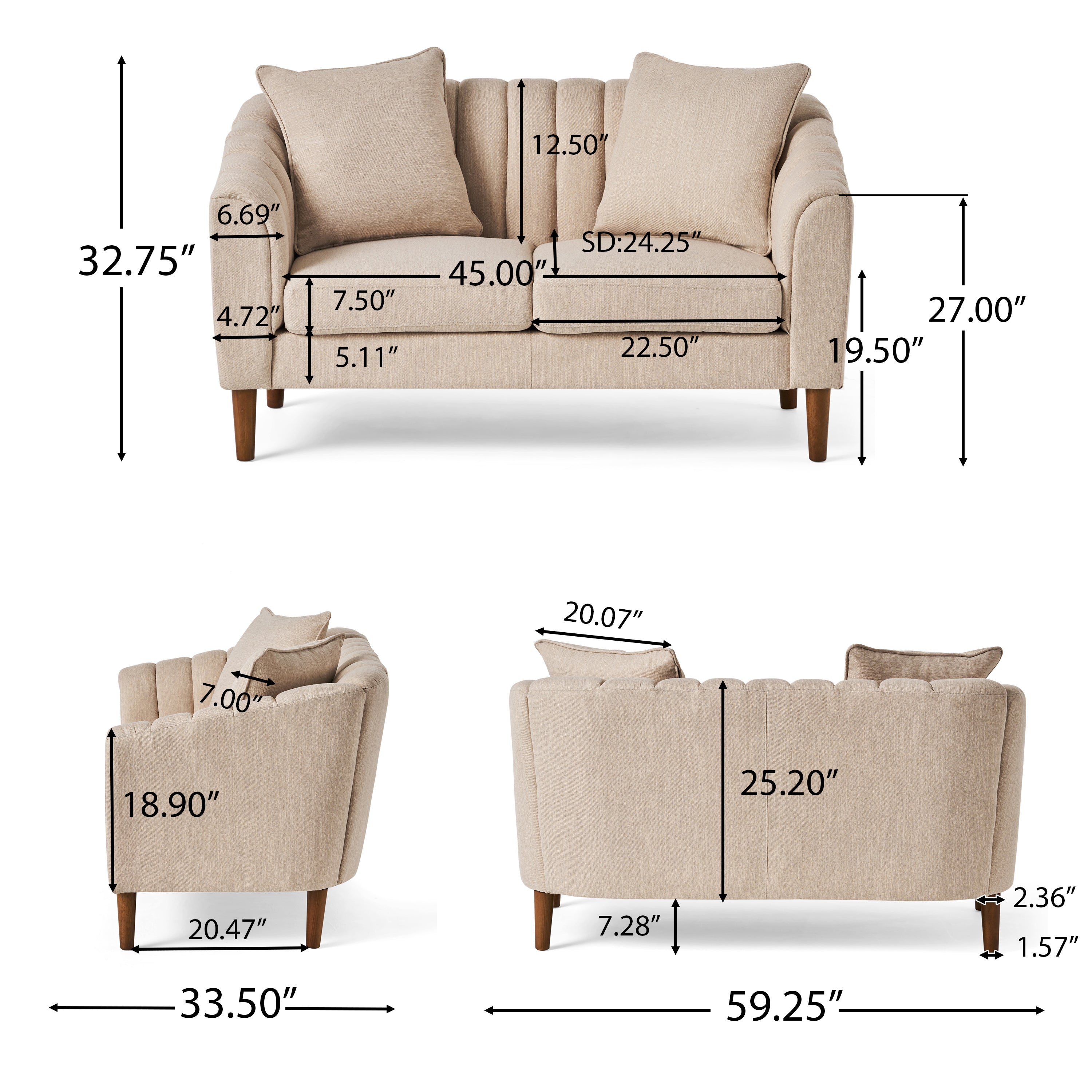 Reham Contemporary Channel Stitched Fabric Loveseat