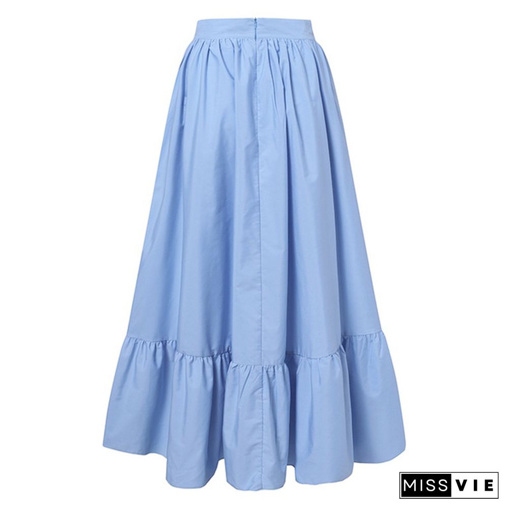 Women Umbrella Long Skirt Dress High Waist Ruffle Hem Casual Pleated Maxi Skirts Plus Size